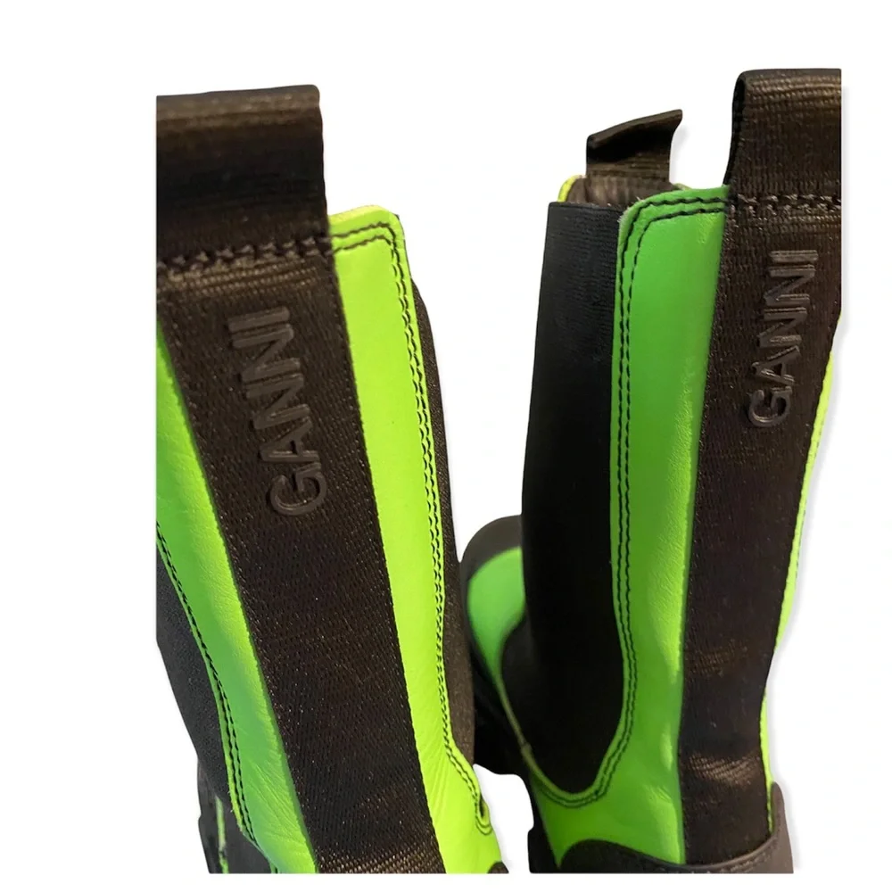 Brat Green Ganni Calf Leather Mid Chelsea Boot Neon Lime Green Chunky Lug sole - Picture 7 of 9